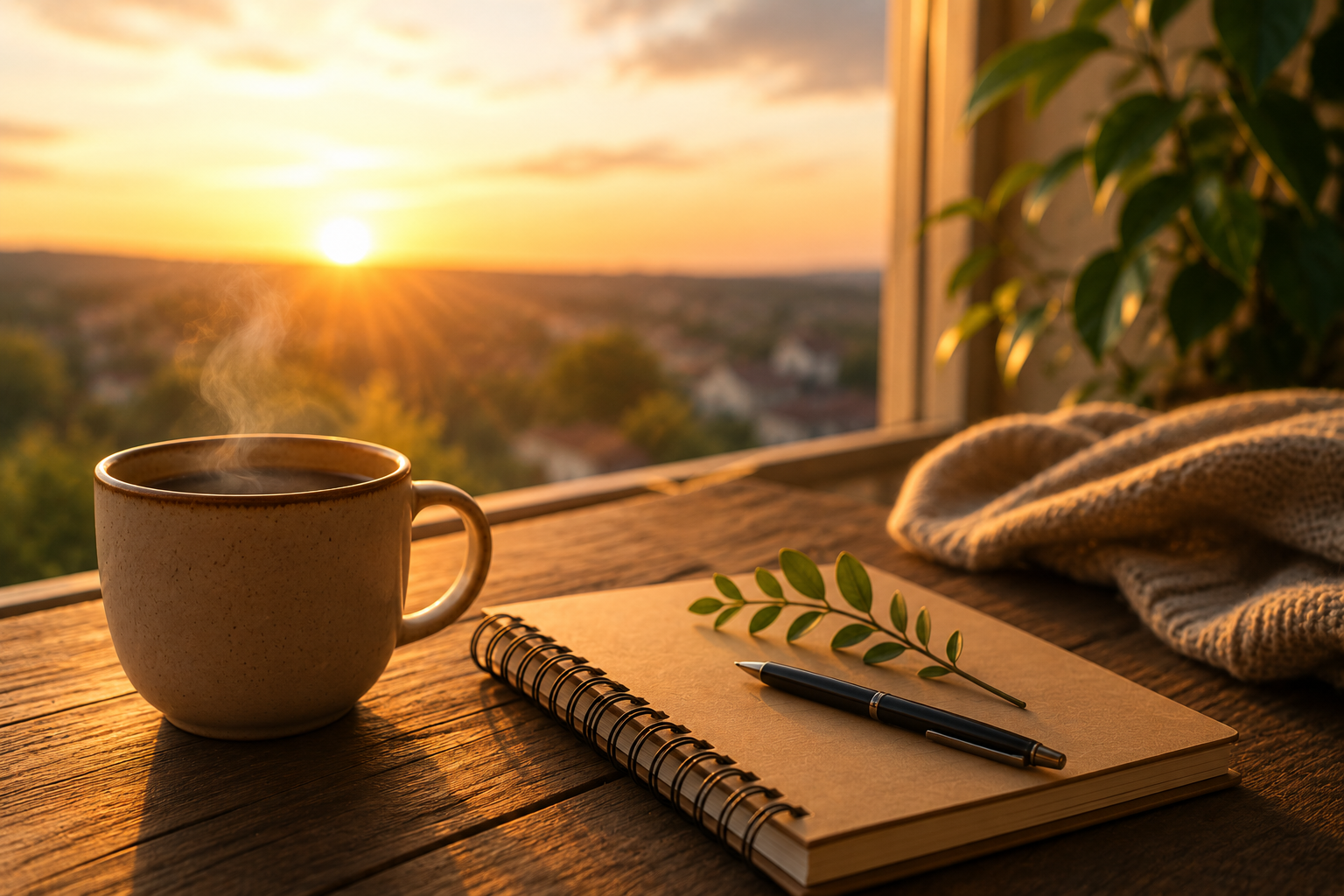 Tasse de café et carnet sur une table au lever du soleil